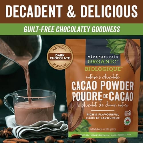 Viva Naturals Organic Cacao Powder, 2lb - Unsweetened Cocoa Powder With Rich Dark Chocolate Flavour, Perfect for Baking & Smoothies - Certified Vegan, Keto & Paleo, Gluten-Free & Non-GMO, 907 g — view 2