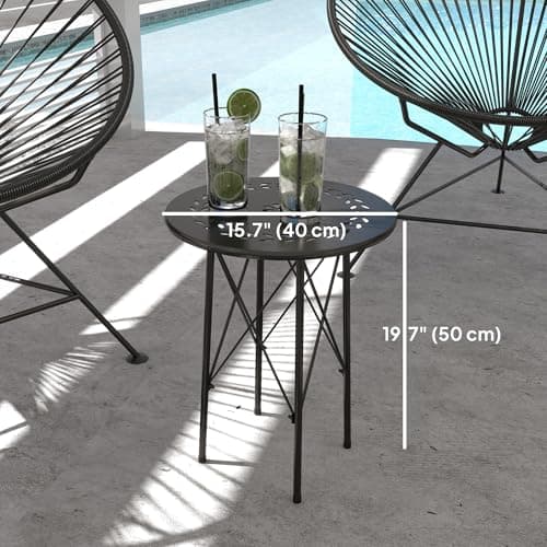 Outsunny 15.7" Round Garden Table with Floral Cut-Out, Steel Balcony Side Bistro Coffee Table, Outdoor Furniture with Adjustable Feet for Patio Garden, Black — view 2