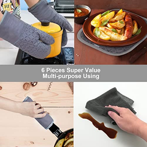 KEGOUU Oven Mitts and Pot Holders 6pcs Set, Kitchen Oven Glove High Heat Resistant 500 Degree Extra Long Oven Mitts and Potholder with Non-Slip Silicone Surface for Cooking — view 5
