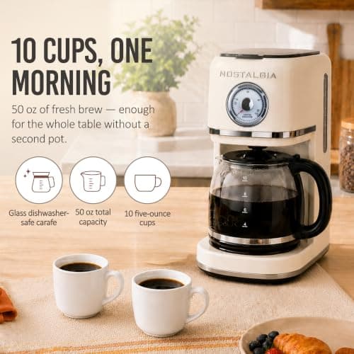 Nostalgia Classic Retro 10 Cup Coffee Maker - One-Touch Drip Brew, Reusable Filter - Anti-Drip, Auto Shutoff, & Time Display - Dishwasher Safe 50 oz Carafe - Cream — view 2