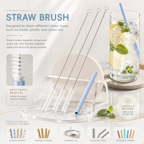 6 Pack Cup Lid Cleaning Brush Set with 3 Straws, Multifunctional Bottle Brush, Cup Lid Gap Cleaner, Durable Bristle Crevice Cleaning Brush,Flat End Brushes — view 4