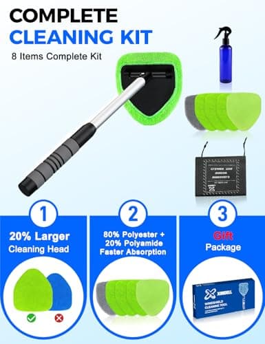 XINDELL Windshield Cleaner Tool – Car Interior Window Cleaning Kit with Extendable Handle & 4 Microfiber Pads, Auto Wiper Inside Windshield Brush for Car & Home Windows