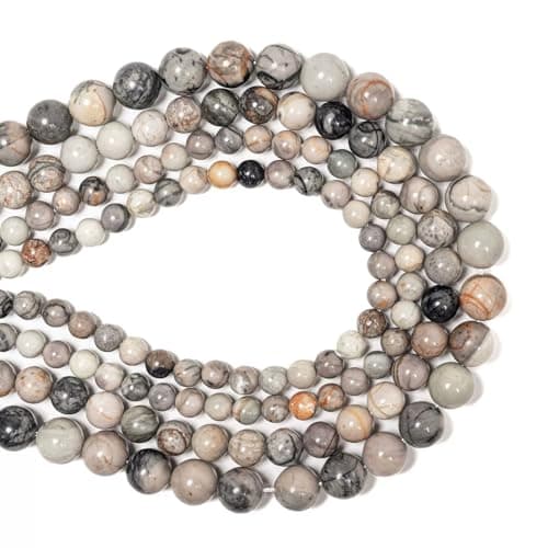 Malahill Gemstone Beads for Jewelry Making, Sold per Bag 5 Strands Inside, Grey Picasso Jasper 6mm