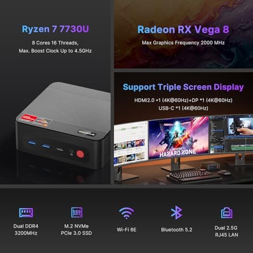 BOSGAME P4 Ultra Mini PC Gaming, Ryzen 7 7730U, 16GB RAM 1TB PCIe3.0 SSD