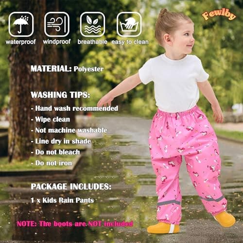Fewlby Toddler Rain Pants Kids' Waterproof Rain Pants Lightweight Reflective Rain Wear for Boys Girls Pink — view 2