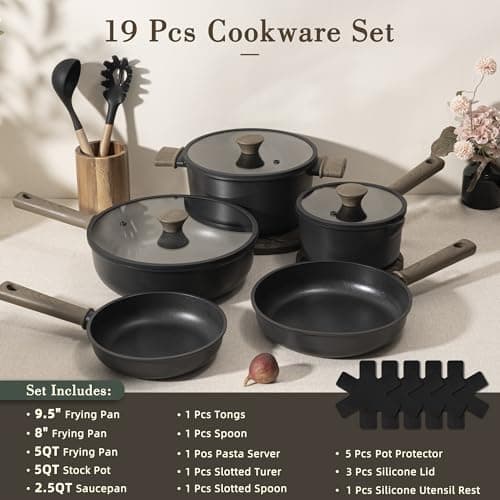 Astercook 19 Pcs Pots and Pans Set Non Stick, Black Titanium Induction Kitchen Cookware Sets, Non toxic Healthy Kitchen Cooking Set with Frying Pans Set, PTFE PFOA PFOS Free, Fathers Day Gift for Men