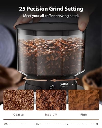 Aromaster Burr Coffee Grinder, Electric Coffee Bean Grinder for Home Use, 25 Grind Settings, Adjustable 2-12 Cups Timer,3-Ears Portafilter Holder, Anti-Static Design, Cleaning Brush, Black
