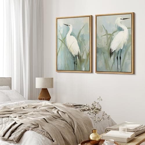 MUDECOR Framed Canvas Print Wall ArtWhite Heron Pair in Marsh Coastal Illustrations Modern Art Decorative Bohemian Colorful for Living Room, Bedroom, Office - 24"x36"x2 Natural — view 2