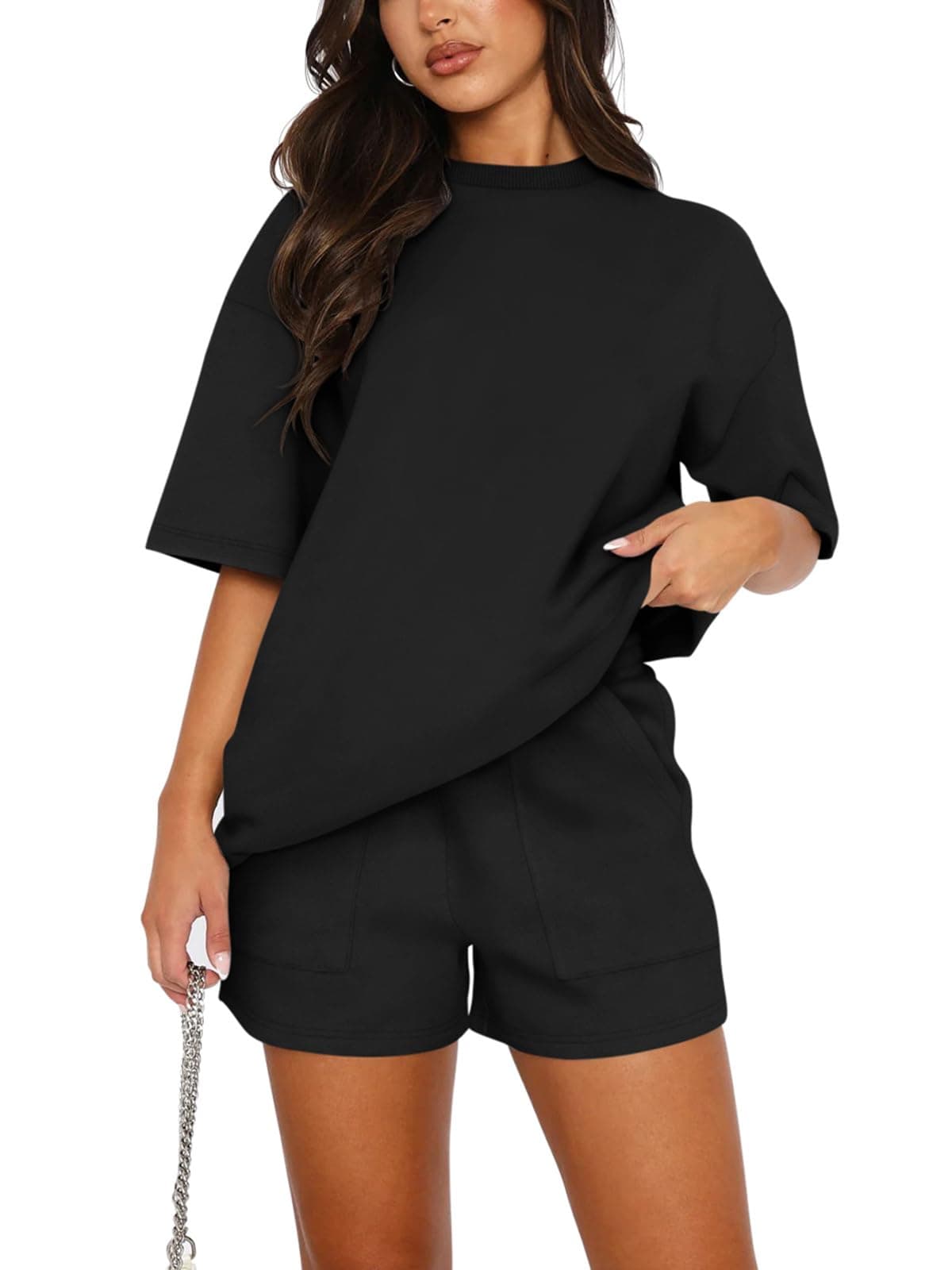 REORIA Women's Tracksuit Short Sleeve Crew Neck Plain Two Piece Leisure Suit Loungewear Outfit Jogger Tracksuit Set Black S