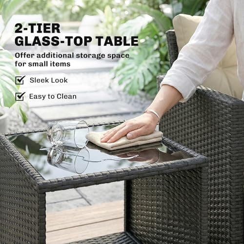 Outsunny 3 Piece Wicker Patio Furniture Set, PE Rattan Outdoor Bistro Set with Armchairs, 2-Tier Glass-Top Table, Cushions, Outdoor Conversation Furniture for Porch Balcony, Beige — view 5
