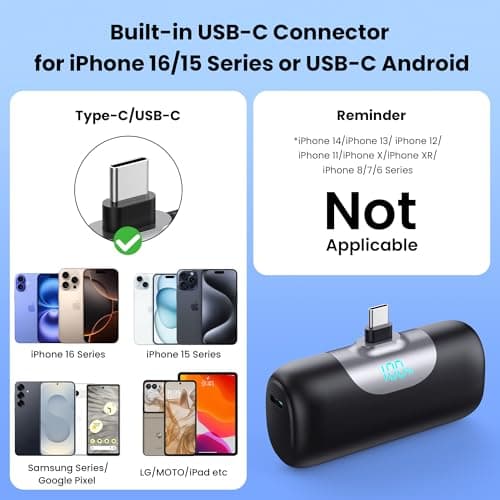 HETP Mini Portable Charger USB C Power Bank,5500mAh PD Fast Charging Battery Pack Built-in USB-C Connector Travel Essential for iPhone17/17Pro/17Pro Max/Air/16 Plus/16Pro Max/15 Series,Android Black — view 5