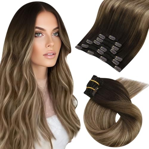 Moresoo Hair Extensions for Women Clip in Human Hair Ombre Dark Brown to Dark Ash Blonde with Golden Blonde Clip in Hair Extensions for Women Double Weft Clip Hair Extensions 20 Inch 7 Pcs 120G