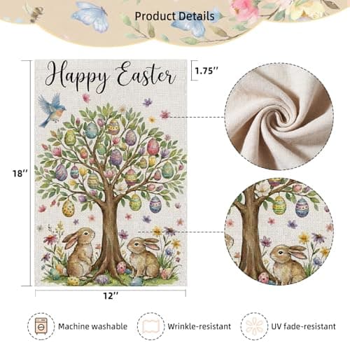 SMBLCE Happy Easter Garden Flag 12 x 18 Inch Double Sided Outside Flag, Easter Eggs Tree Bunny Yard Outdoor Easter Holiday Decoration — view 2