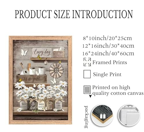 Framed Farmhouse Bathroom Canvas Wall Art Vintage Country Daisy Butterfly Painting Picture Wall Decor Retro Inspirational Quotes Floral Poster Print Artwork for Restroom Bedroom Living Room