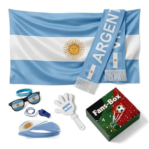 Soccer Fan Gear Set 2026-7 Piece Game Day Kit with Flag, Scarf, Glasses, Whistle, Clapper, Wristband & Headband in Gift Box - Watch Party & Stadium Essentials for Argentina