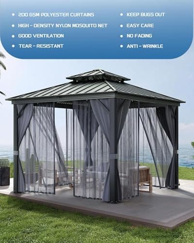 IDEALHOUSE 10' x 10' Outdoor Gazebo, Hardtop Patio Gazebo with Double Metal Roof, Mosquito Netting and Privacy Curtains, Permanent Canopy Shelter for Backyard, Garden, Lawn, Deck — view 2
