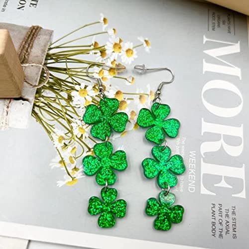 St. Patrick's Day Earrings for Women,Irish Shamrock Acrylic Dangle Earrings, Green Hat Clover Horseshoe Drop Earrings for Irish Festival (C) — view 7