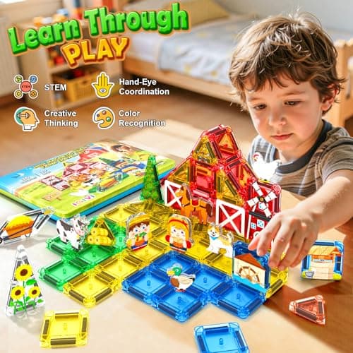 IGIVI Mini Magnetic Tiles Farm Travel Set, Magnet Building Blocks for Toddlers, STEM Travel Toys with Metal Storage Box, Christmas Birthdays Gifts for Kids Ages 3+ — view 4