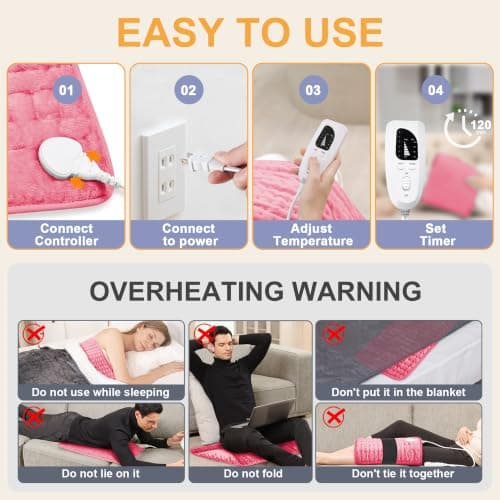 Heating Pad,Heated Blanket,Heating Pad for Back Neck,Fuchsia,24x12 Inch — view 3