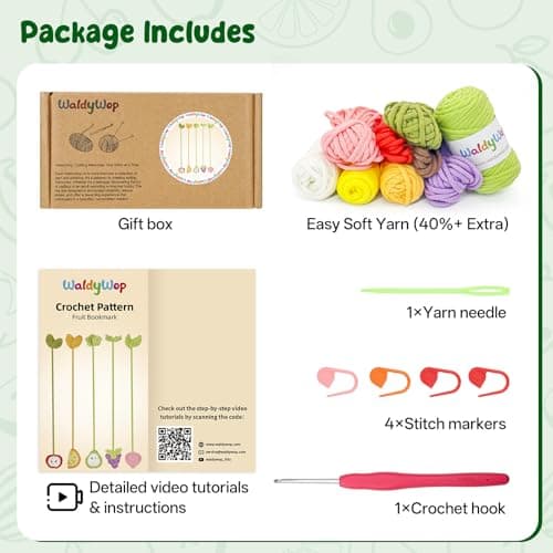 WaldyWop Crochet Kit for Beginners: 5 PCS Fruit Bookmarks Crochet Kits w/ 40% Extra Yarn, Accessories - Easy Video Tutorials & Instructions for Starter Adults - DIY Christmas Gift Set for Her Women