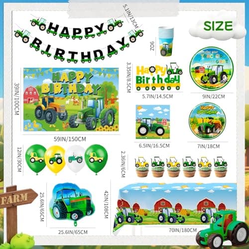 Tractor Birthday Party Decorations Supplies, 16 Guests Tractor Party Tableware Set Includes Tractor Plates Tablecloth Backdrop Balloons Cake Toppers etc Tractor Birthday Party Supplies — view 2