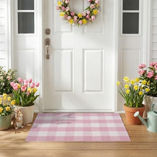 Spring Pink and White Plaid Rug, 2'4" x 3'7" Cotton Blend Layered Doormat Rug for Front Door, Hand-Woven Washable Entryway & Porch Decor — view 3