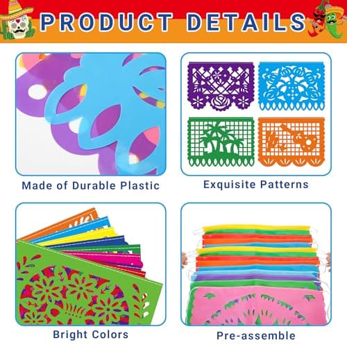 18 FT Cinco De Mayo Party Decorations, 1 Pack Fiesta Banner with 9 Plastic Papel Picado, Colorful Mexican Theme Party Flag Banner Dia De Los Muertos Day of the Dead Hanging Decor Home Party Supplies — view 2