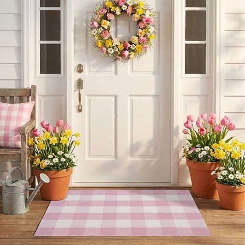 Spring Pink and White Plaid Rug, 2'4" x 3'7" Cotton Blend Layered Doormat Rug for Front Door, Hand-Woven Washable Entryway & Porch Decor
