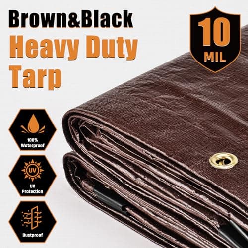 10x12FT Waterproof Tarp, Yumatum 10 Mil Heavy Duty Tarps with Reinforced Edges/Brass Grommets, 100% UV Blocking/Tear Resistant Poly Tarp for Camping, Patio, Tent, Boat(Brown/Black)