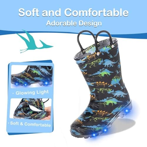 Toddler Kids Rain Boots Boys Girls Light Up Waterproof Boot with Handles, Big Kid Size 1, Dinosaur — view 4