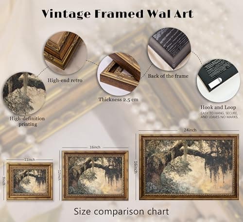 Vintage Gold Framed Vintage Oak Tree Wall Art Retro Landscape Canvas Wall Decor Oak Tree Moss Artwork Picture Retro Rustic Tree Poster Print for Home Living Bedroom Farmhouse Hallway — view 4