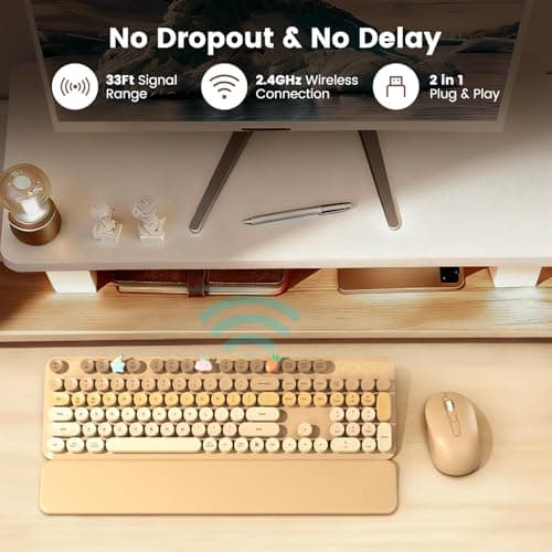Wireless Keyboard and Mouse Combo, Full-Size Retro Typewriter Keyboard with Round Keycaps, Magnetic Wrist Rest & Tilt Legs, 2.4GHz Cordless for Mac/Windows PC/Laptop, SABLUTE CK23, Latte Gradient — view 4