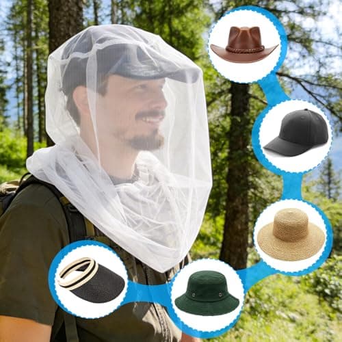 TUPI Premium Mosquito Head Net Mesh, 2 Pack Bug Face Net for Fly & Mosquito Protection | Ultra Large & Long, Finest Holes for Camping, Hiking, Fishing, Gardening, Safari, Fits All Hats for Men & Women — view 3
