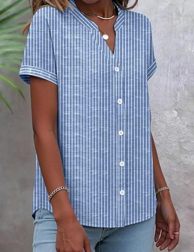 Zeagoo Striped Button Down Shirts for Women Business Casual Dressy Tops Short Sleeve Work Blouses Spring Outfit