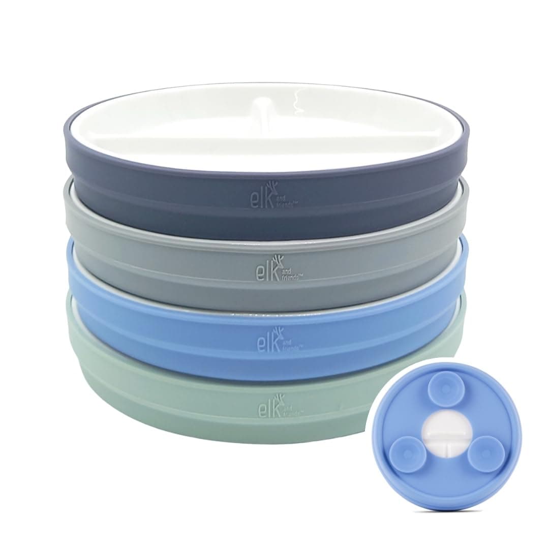Elk and Friends Kids 6.7” Porcelain White Divided Plates with Silicone Sleeves | Suitable for Babies/Toddlers | Microwave & Dishwasher Safe | Non Slip Dinnerware | Snack Dishes | 4 Pack — view 10