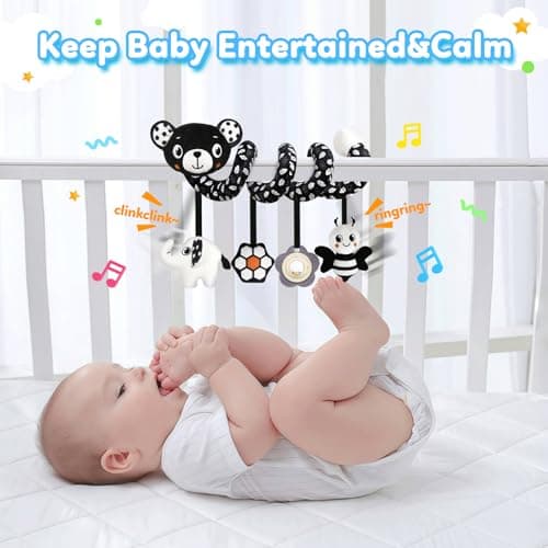 GKDOMS Baby Carseat Toy Black & White Rattle Spiral Hanging Activity Stroller Toy for Newborns Boys and Girls - Bear — view 3