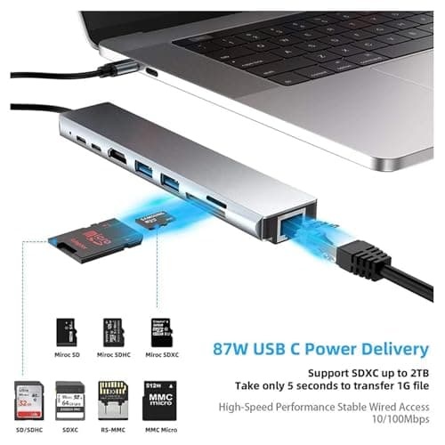 USB C Hub Adapter Laptop Docking Station 8 in 1 USBC Dongle to 4K HDMI,Ethernet,2 USB,Type-C,SD TF Card Reader,PD 100W Compatible with iPhone16/MacBook/Dell and Other Type C Laptops Device — view 4