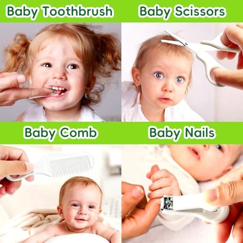 Baby Grooming Kit - 19 in 1 Nursery Essentials Baby Registry Shower Gift for Newborns, Infants, Toddlers, Boys, Girls Kids-Safety Baby Comb, Brush, Finger Toothbrush, Nail Clippers, Scissors(Grey White) — view 2