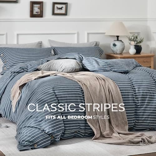JELLYMONI Pinstriped 100% Washed Cotton Linen Like Duvet Cover Set, 3 Pieces Luxury Soft Bedding Set with Buttons Closure, Blue Stripes Pattern Printed Duvet Cover Twin Size(No Comforter) — view 6