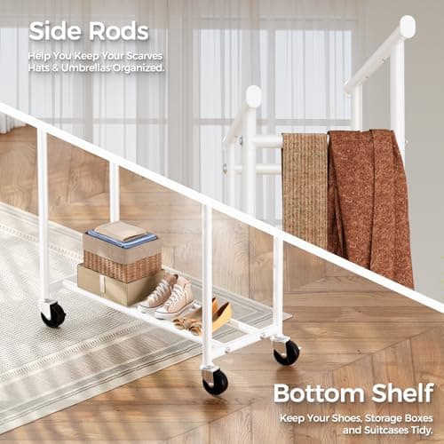 HYSEYY Clothes Rack, Double Rods Rolling Clothing Rack for Hanging Clothes, Portable Garment Rack with Wheels, Coat Rack Wardrobe Closet Load 240 LBS for Bedroom Laundry Room (White, L) — view 5