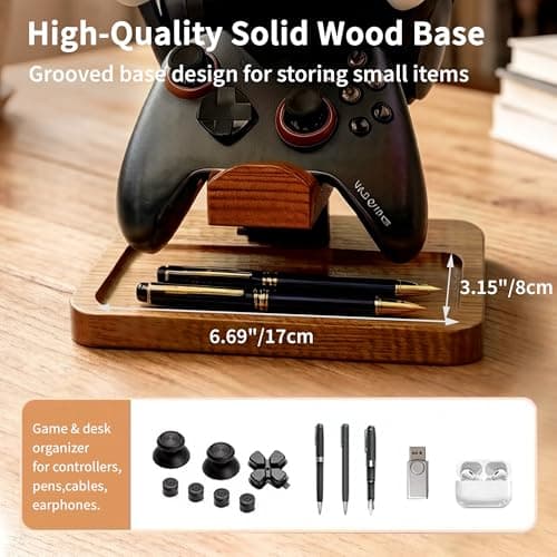 ManManLine Solid Wood Headphone Stand with Controller Holder, Space-Saving Dual Hanger & Gamepad Organizer for Desktop, Gaming Desk Accessories with Stable Base Storage — view 5