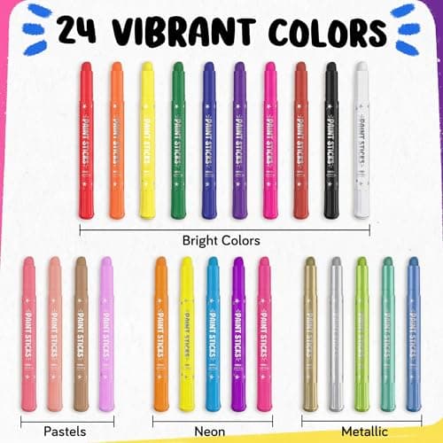 Funcils 24 Thin Tempera Paint Sticks for Kids Washable (Coloring Book incl) | Non-Toxic Markers for Toddlers 1-3 | Works on Paper, Canvas, Wood, Cardboard - Painting Crayons, Art and Craft Supplies — view 5