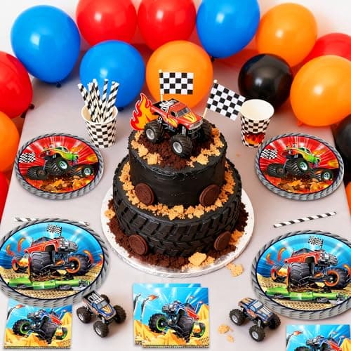 LaVenty Monster Truck Birthday Plates Napkins Monster Trucks Birthday Decoration Monster Trucks Party Supplies Monster Truck Backdrop Balloons Banner — view 3