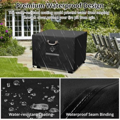 QH.HOME Fire Pit Cover Square Super Waterproof, 32" L x 32" W x 24" H Outdoor Firepit Table Cover 600D Strong Tear Resistant, UPF 50+ Fire Pit Cover Fading Resistant for Square Fire Pit - Black — view 4