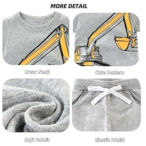 Toddler Boy Summer Outfits Clothes, Kids Boys Short Sleeve Cotton T-Shirt and Shorts Clothing Sets 2-7T (2-3T, Grey Excavator) — view 5