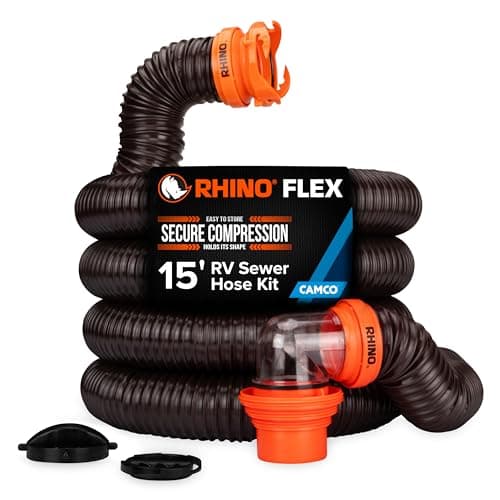 Camco RhinoFLEX 15' Camper/RV Sewer Hose Kit — Includes 4-in-1 Adapter, Clear Elbow, & Caps — Connects to 3″ Slip & 3″, 3 1/2″, 4″ NPT Threaded Sewer Connections (39770)