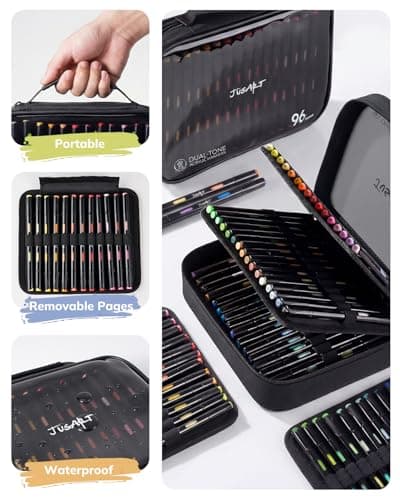 JusArt Acrylic Brush Markers, 96 Colors Brush Tip Acrylic Marker Set, 48 Dual-Tip Water Based No Bleed Markers with Automatic Ink Control for Wood, Rock, Fabric, Canvas, Glass, Eggs & DIY Crafts — view 6