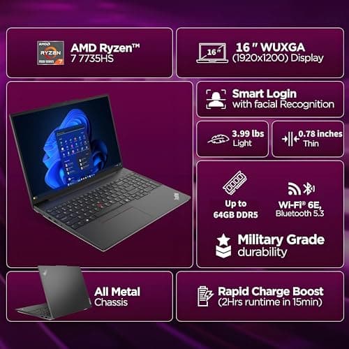 Lenovo ThinkPad E16 Gen 2 Laptop, 8-Core AMD Ryzen 7 7735HS, 16GB DDR5 RAM, 512GB PCIe SSD, 16" WUXGA Display, WiFi 6E, Backlit Keyboard, Fingerprint Reader, Windows 11 Pro, Business Laptop