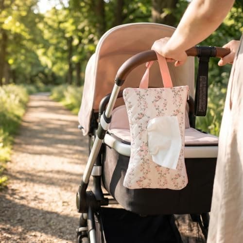 Hadnves Quilted Diaper Wipe Pouch Hanging Floral Wet Wipes Bag Reusable Fabric Cover with Zipper & Lanyard for Car Daily Casual Travel Mommy Bag (C) — view 3