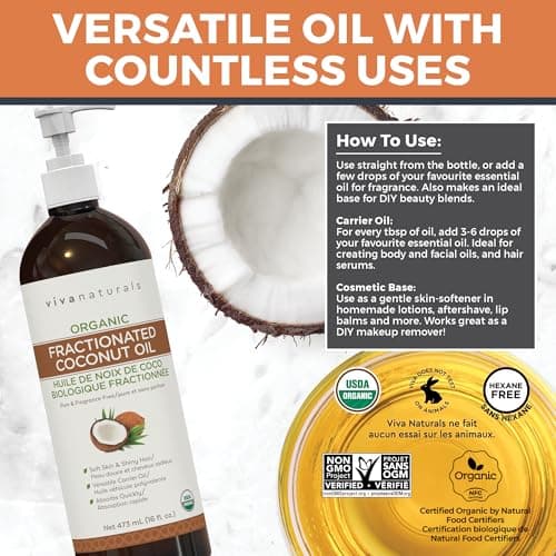 Viva Naturals Organic Fractionated Coconut Oil – Pure Massage Oils for Massage Therapy, Coconut Oil for Skin & Hair, Lightweight Carrier Oil for Essential Oils, 16 fl oz — view 5